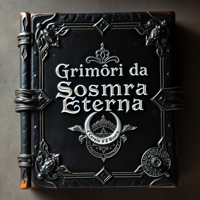 A design for an ancient and mystical grimoire cover titled 'Grimório da Sombra Eterna'