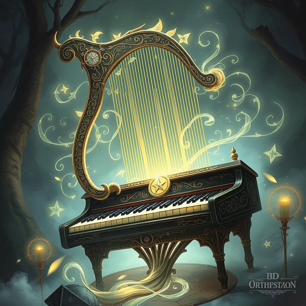 A captivating illustration of a magical D&D-inspired orphica, an extraordinary fantasy instrument