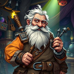 An engaging illustration of an older male D&D dwarf artificer, inspired by the features and charm of Billy Connolly