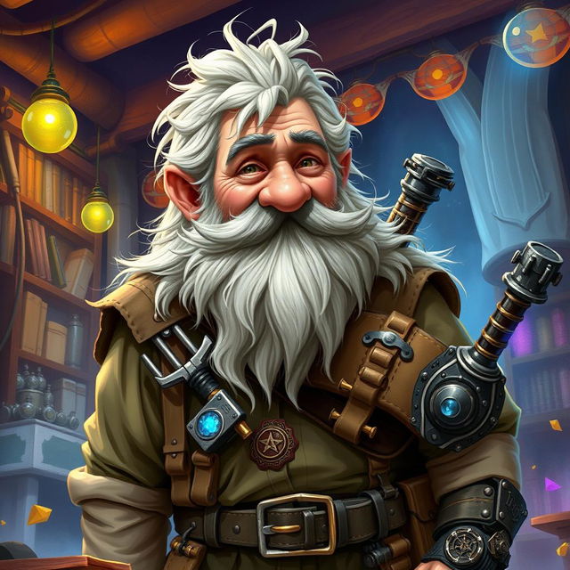 An engaging illustration of an older male D&D dwarf artificer, inspired by the features and charm of Billy Connolly