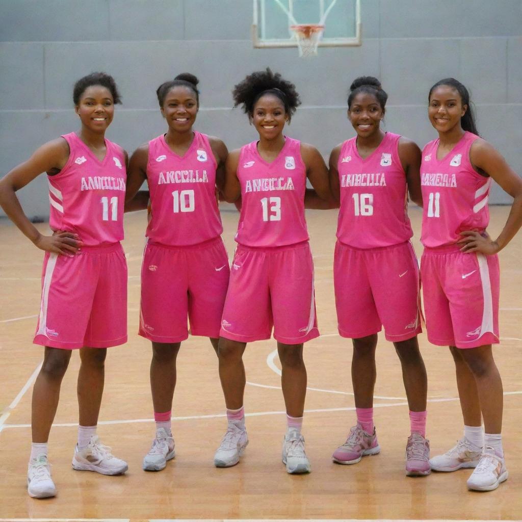 The 'Angelica Arrows', a highly feminine women's basketball team, dressed in vibrant pink uniforms, radiating strength and elegance.