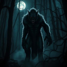 A terrifying werewolf vampire hybrid lurking in a dense, dark forest at night, illuminated by the eerie light of a full moon