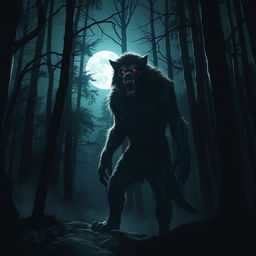 A terrifying werewolf vampire hybrid lurking in a dense, dark forest at night, illuminated by the eerie light of a full moon