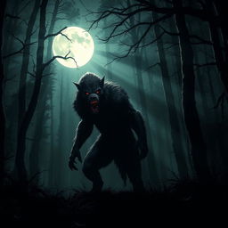 A terrifying werewolf vampire hybrid lurking in a dense, dark forest at night, illuminated by the eerie light of a full moon