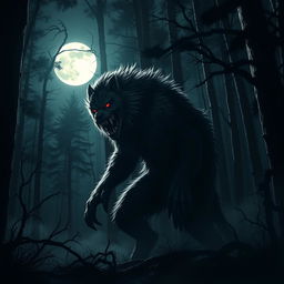 A terrifying werewolf vampire hybrid lurking in a dense, dark forest at night, illuminated by the eerie light of a full moon