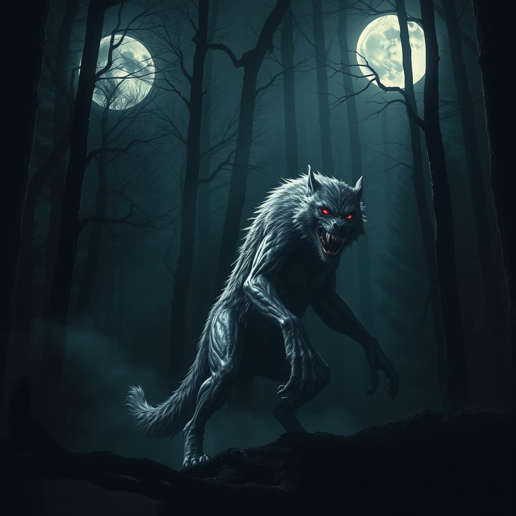 A terrifying silver werewolf vampire hybrid lurking in a dense, dark forest at night, illuminated by the eerie light of a full moon