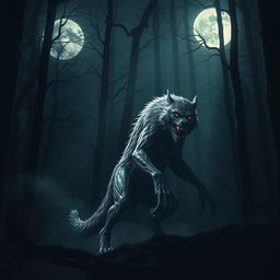 A terrifying silver werewolf vampire hybrid lurking in a dense, dark forest at night, illuminated by the eerie light of a full moon