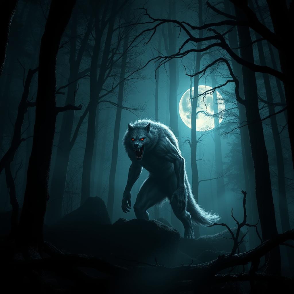 A terrifying silver werewolf vampire hybrid lurking in a dense, dark forest at night, illuminated by the eerie light of a full moon