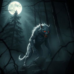 A terrifying silver werewolf vampire hybrid lurking in a dense, dark forest at night, illuminated by the eerie light of a full moon