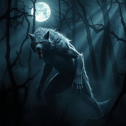 A terrifying silver werewolf vampire hybrid lurking in a dense, dark forest at night, illuminated by the eerie light of a full moon