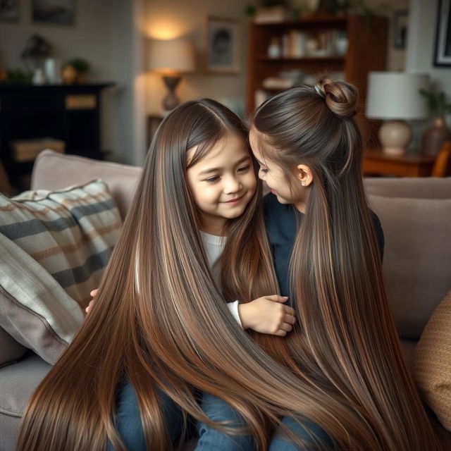 A mother with very long and smooth hair, completely loose and not tied, sitting on a sofa with her daughter who has her hair tied