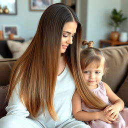 A mother with very long and smooth hair, completely loose and not tied, sitting on a sofa with her daughter who has her hair tied