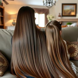 A mother with very long and smooth hair, completely loose and not tied, sitting on a sofa with her daughter who has her hair tied