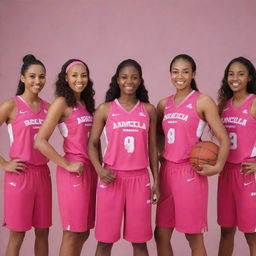 The 'Angelica Arrows', a highly feminine women's basketball team, dressed in vibrant pink uniforms, radiating strength and elegance.