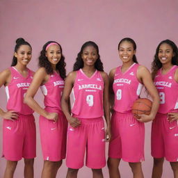 The 'Angelica Arrows', a highly feminine women's basketball team, dressed in vibrant pink uniforms, radiating strength and elegance.