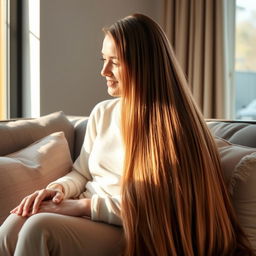 A mother with very long, soft, flowing hair that is completely down, sitting on a couch with her daughter, who has her hair tied up