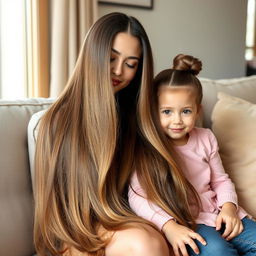 A mother with very long, soft, flowing hair that is completely down, sitting on a couch with her daughter, who has her hair tied up