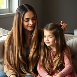 A mother with very long, soft, flowing hair that is completely down, sitting on a couch with her daughter, who has her hair tied up