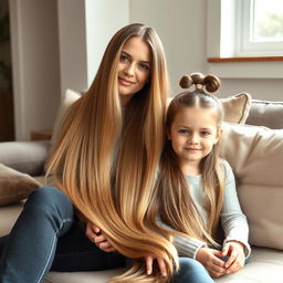 A mother with very long, soft, flowing hair that is completely down, sitting on a couch with her daughter, who has her hair tied up