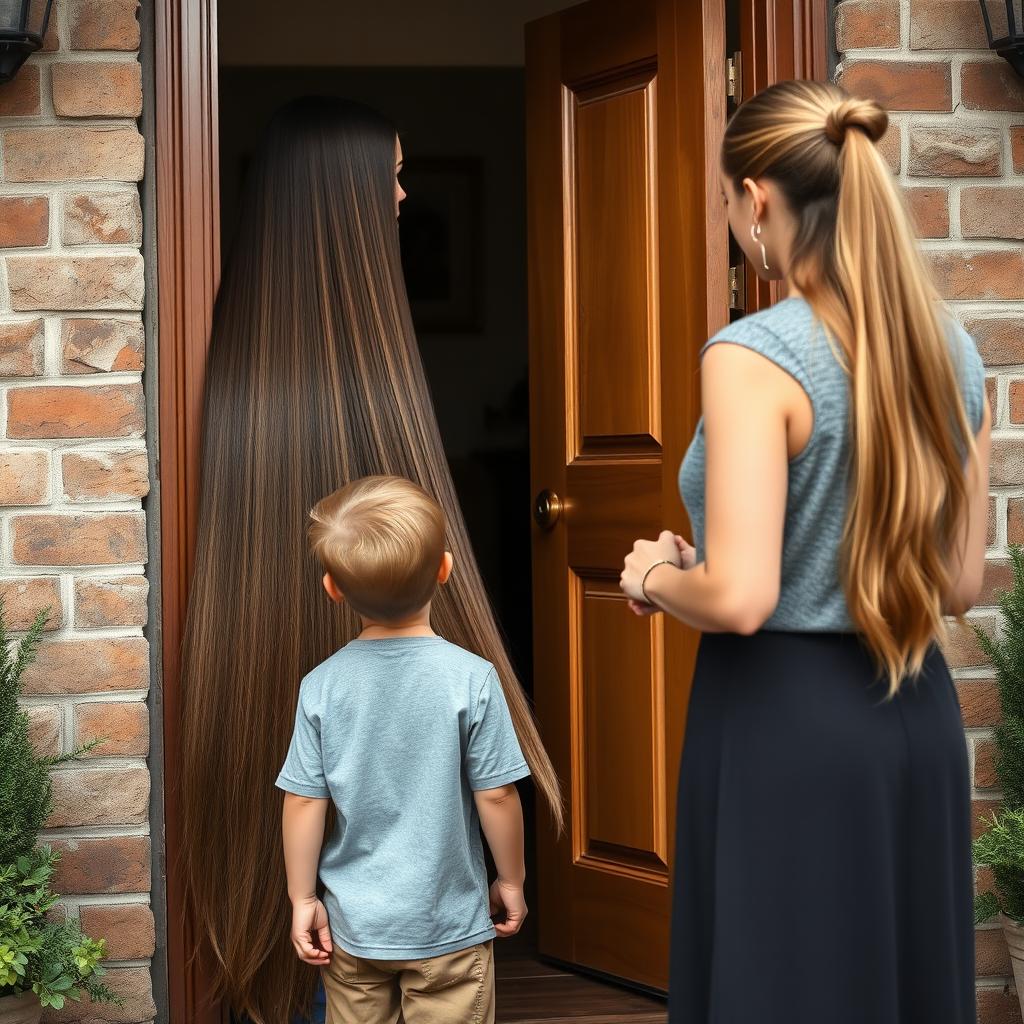 A young boy standing at the door with his mother