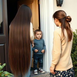 A young boy standing at the door with his mother