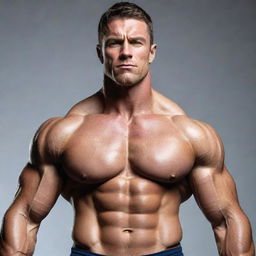 Generate an image of a strong man displaying impressive muscular physique, exhibiting determination and resilience in his facial expression.