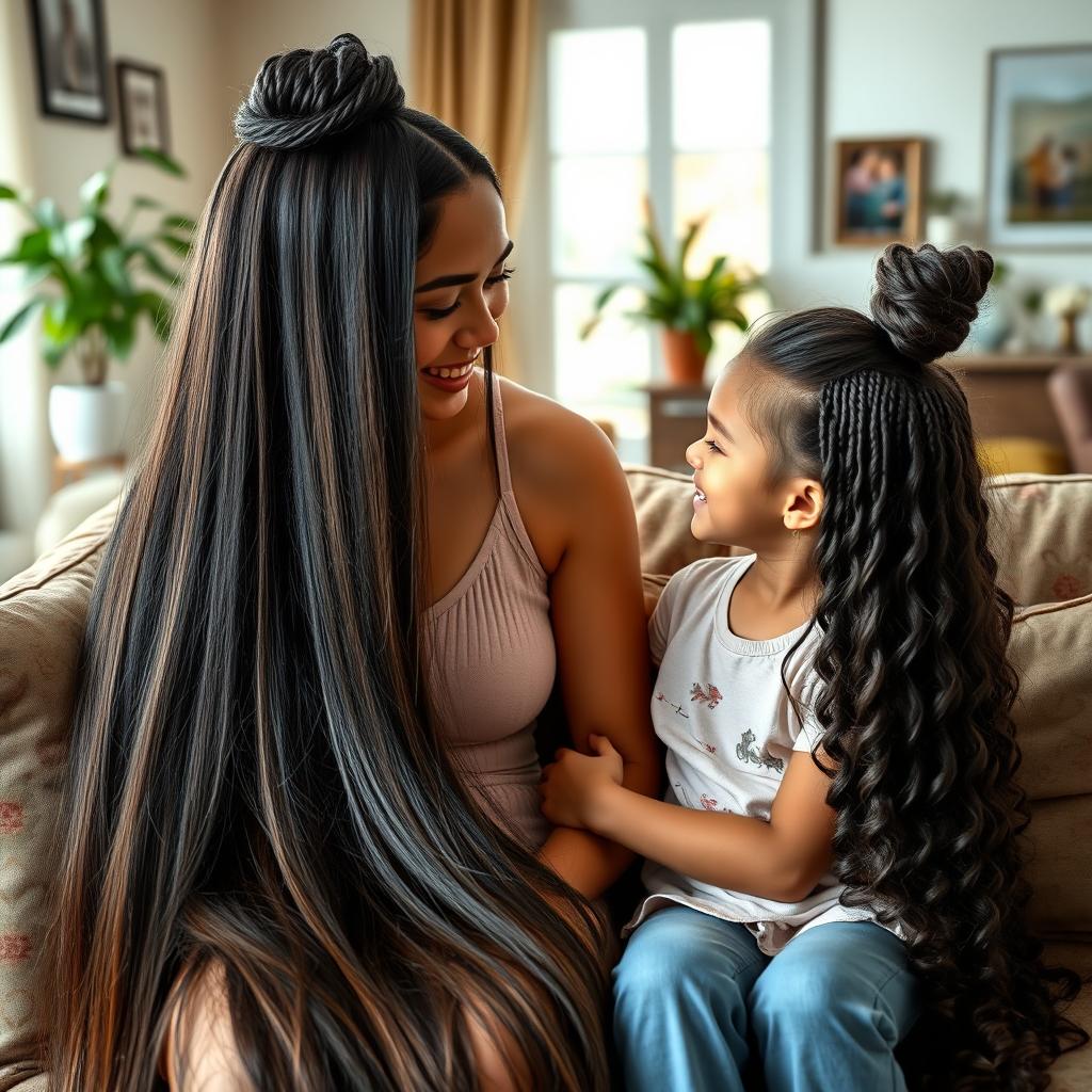 A mother with very long, silky and unbound hair sitting on a couch