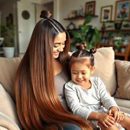 A mother with very long, silky and unbound hair sitting on a couch