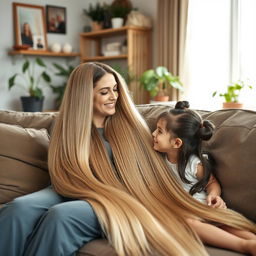 A mother with very long, silky and unbound hair sitting on a couch