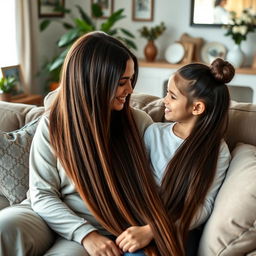 A mother with very long, silky and unbound hair sitting on a couch