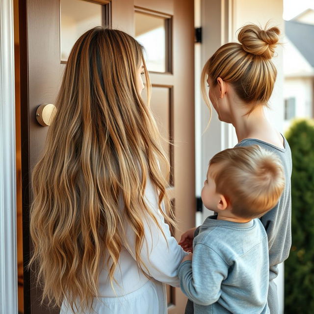 A mother with very long, soft, and flowing hair stands at the door, talking to her neighbor