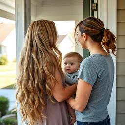 A mother with very long, soft, and flowing hair stands at the door, talking to her neighbor