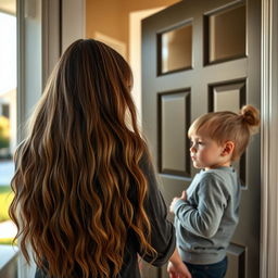 A mother with very long, soft, and flowing hair stands at the door, talking to her neighbor