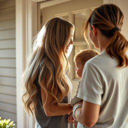 A mother with very long, soft, and flowing hair stands at the door, talking to her neighbor