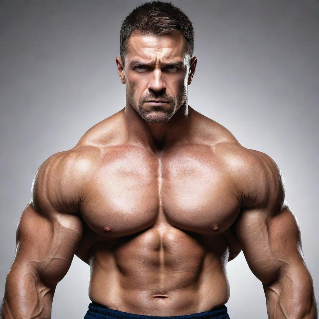 Generate an image of a strong man displaying impressive muscular physique, exhibiting determination and resilience in his facial expression.