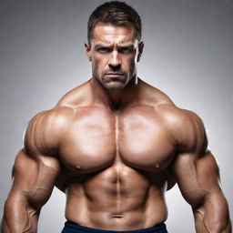 Generate an image of a strong man displaying impressive muscular physique, exhibiting determination and resilience in his facial expression.