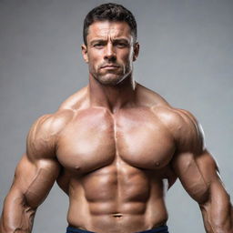 Generate an image of a strong man displaying impressive muscular physique, exhibiting determination and resilience in his facial expression.