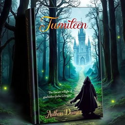 A captivating book cover featuring an enchanted forest with tall, ancient trees and mystical glowing lights