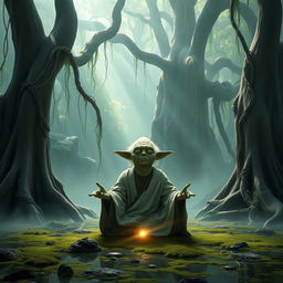 Master Yoda from Star Wars meditating in a peaceful Dagobah landscape