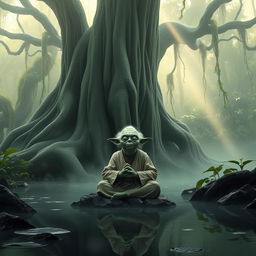 Master Yoda from Star Wars meditating in a peaceful Dagobah landscape