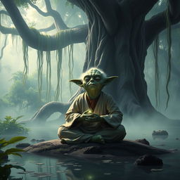 Master Yoda from Star Wars meditating in a peaceful Dagobah landscape