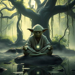 Master Yoda from Star Wars meditating in a peaceful Dagobah landscape