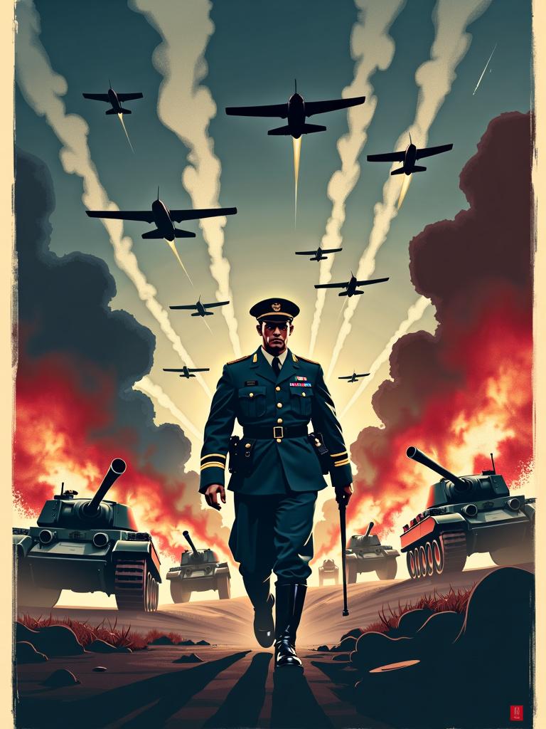 A dramatic and intense World War II poster design capturing the essence of wartime fervor