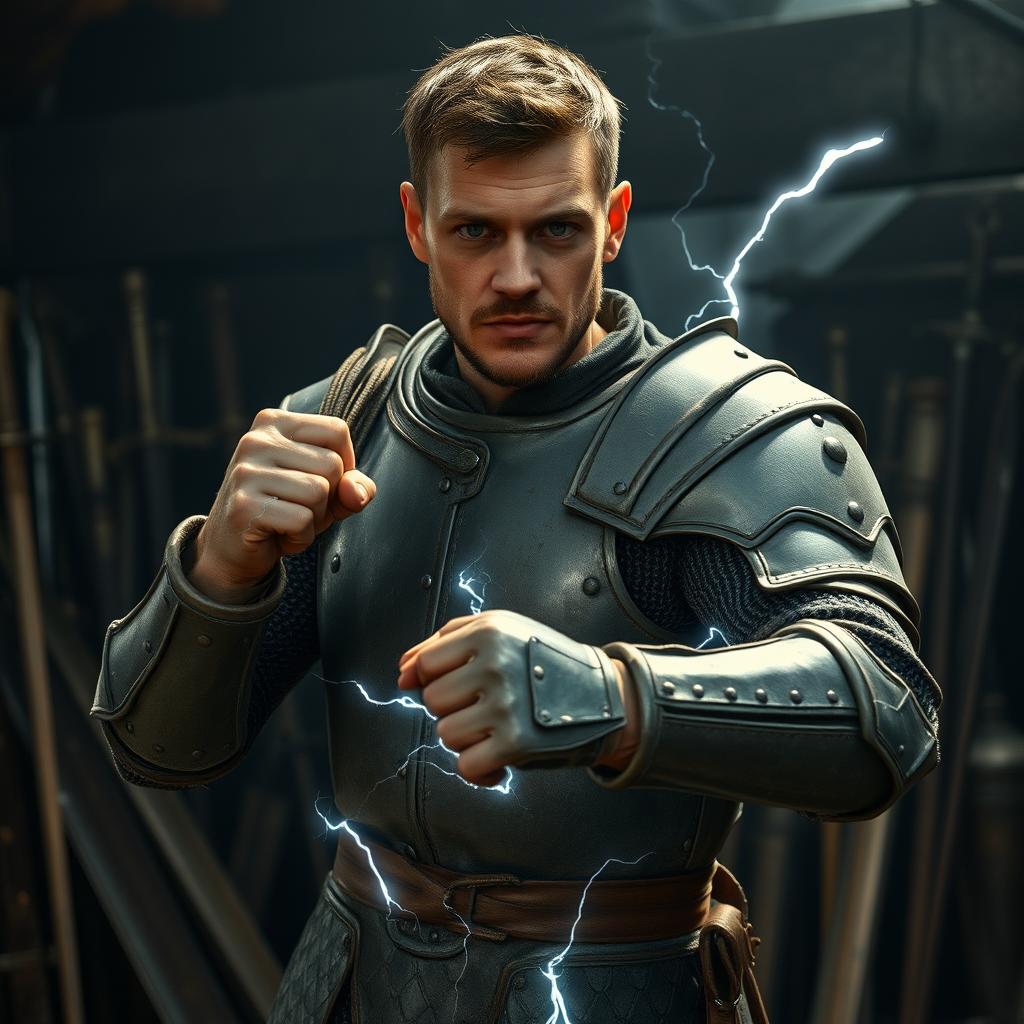 A scrawny man in his mid-20s wearing an old set of grey plate armor, small strands of electricity emanating from the armor, posing in a boxer's stance