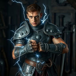 A scrawny man in his mid-20s wearing an old set of grey plate armor, small strands of electricity emanating from the armor, posing in a boxer's stance