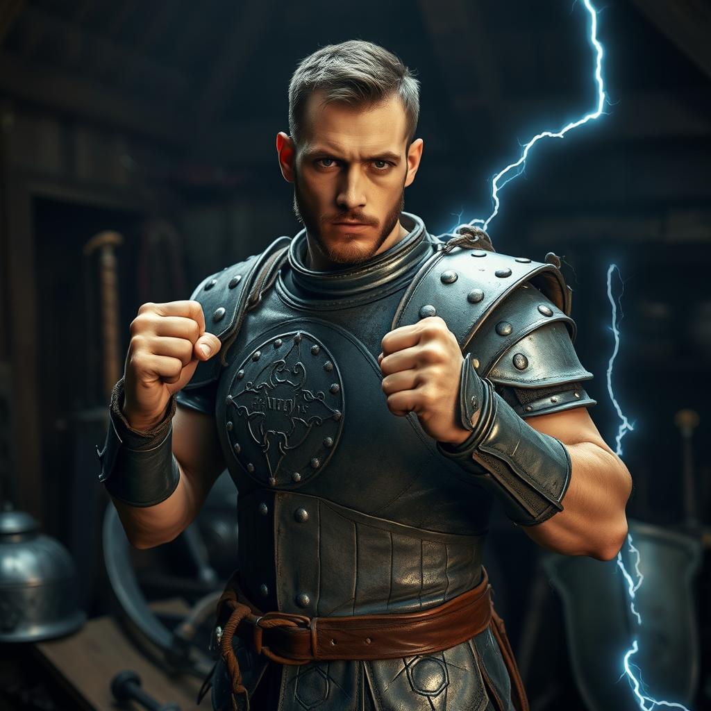 A scrawny man in his mid-20s wearing an old set of grey plate armor, small strands of electricity emanating from the armor, posing in a boxer's stance