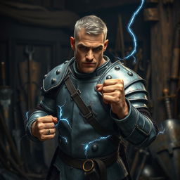 A scrawny man in his mid-20s wearing an old set of grey plate armor, small strands of electricity emanating from the armor, posing in a boxer's stance