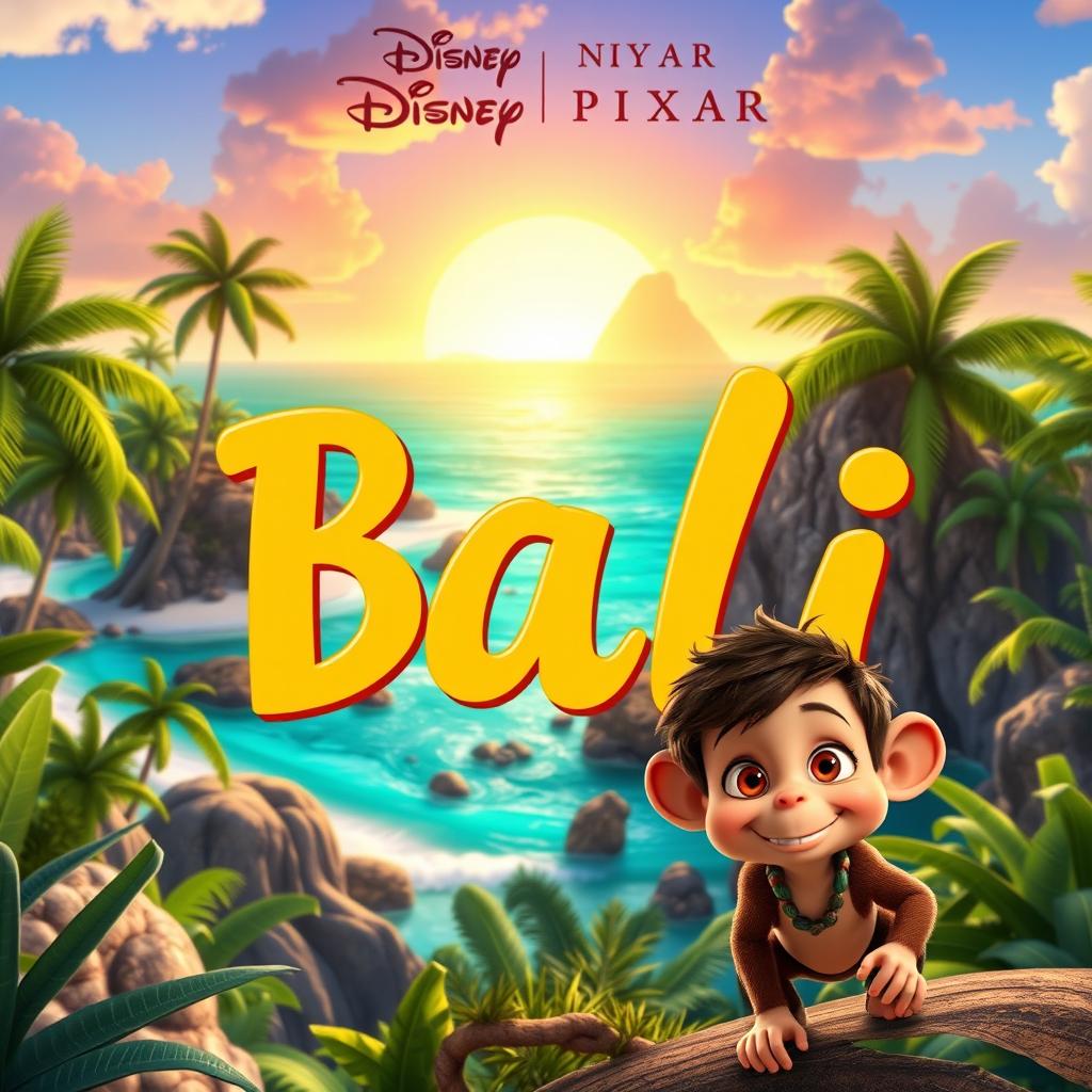 A vibrant and captivating front cover for a new Disney Pixar movie titled "Bali"