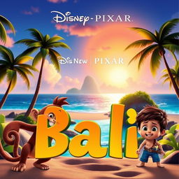 A vibrant and captivating front cover for a new Disney Pixar movie titled "Bali"