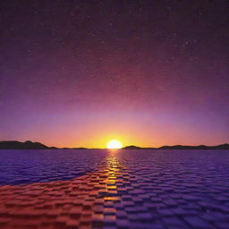 A picturesque sunset made entirely of LEGO, with vibrant LEGO bricks creating a stunning array of colors that gradually darken from the yellow, orange, red horizon into a deep purple night sky.